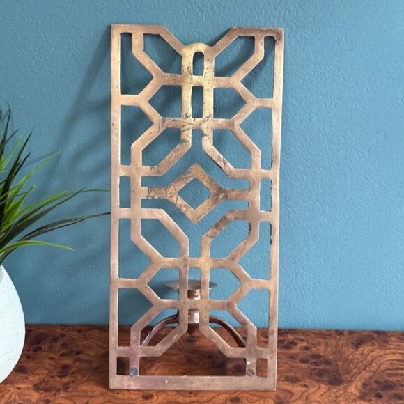 Vintage Brass Wall Candle Sconce Geometric Rectangle Trellis 12.5 x 6 Inches - Picture 5 of 7